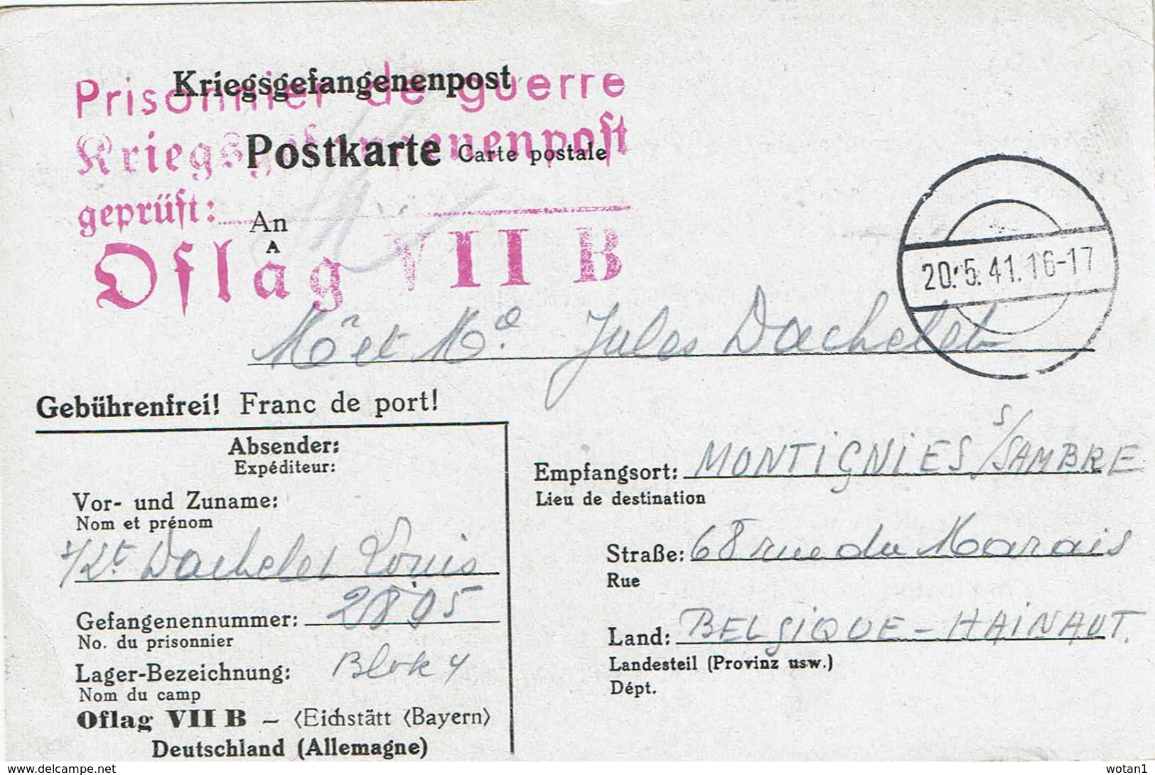 KRIEGSGEFANGENENPOST - Postkarte OFLAG IIB - Louis DACHELET - MONTIGNIES-SUR-SAMBRE (Reçu De Colis) - Guerre 40-45 (Lettres & Documents)