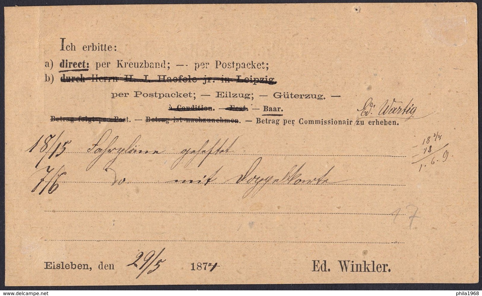 BRUSTSCHILD Nr.17a Als EF Auf Bücher-Bestell-Zettel Preussen-K1 EISLEBEN Nach Nordhausen (hk20) - Briefe U. Dokumente