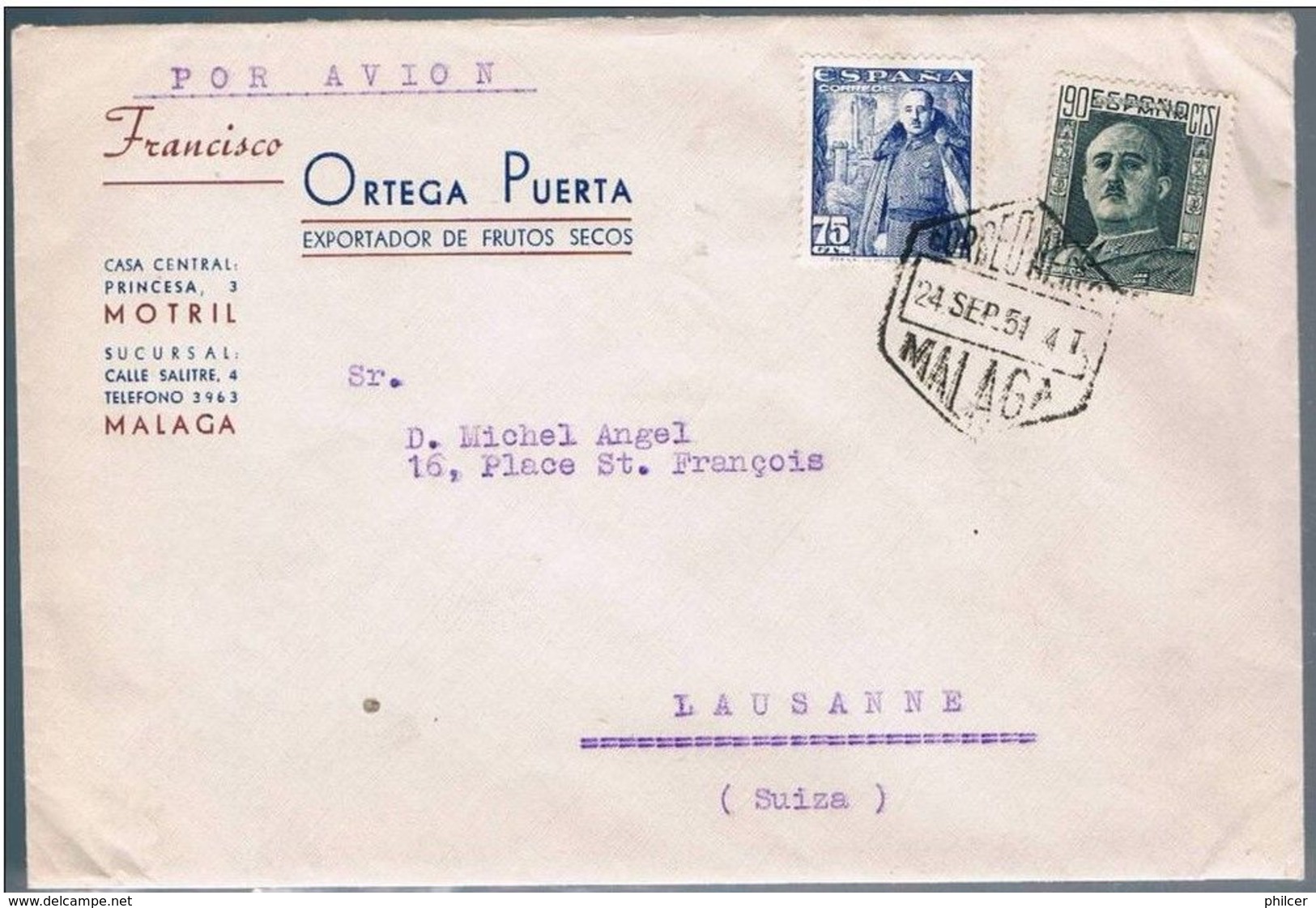 Espa&ntilde;a, 1951, Malaga-Lausanne - Storia Postale