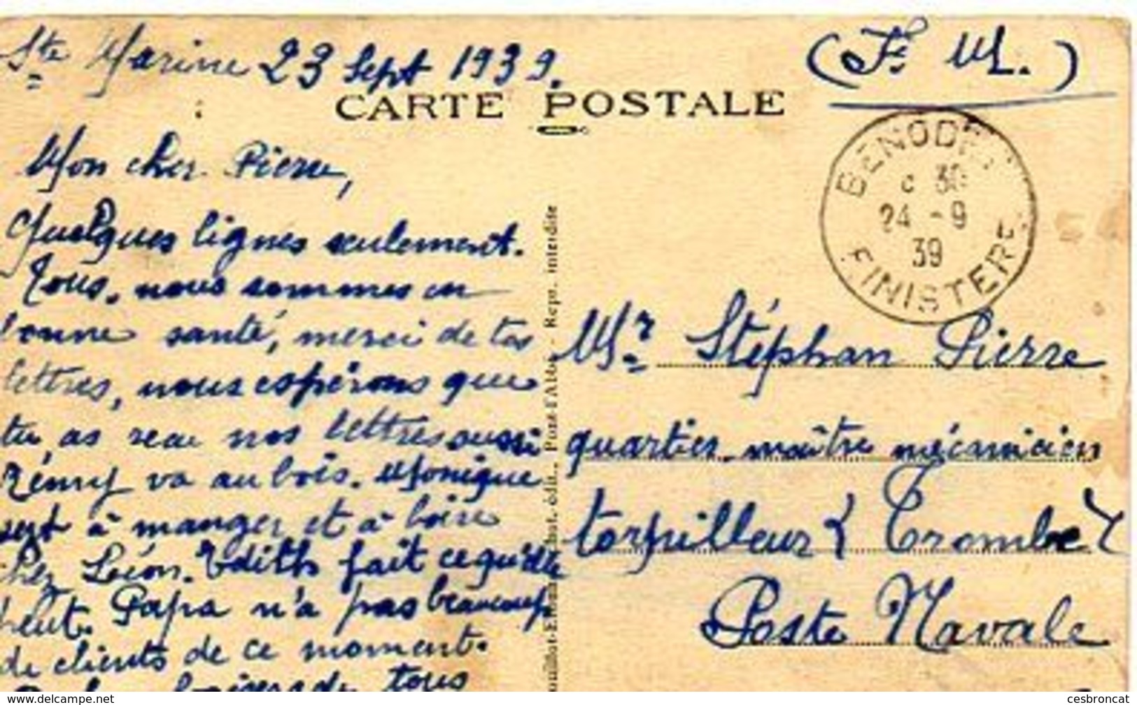 C6  1939 CARTE POSTALE DE Ste Marine (29 ) En FM  Pour Le Torpilleur TROMBE - Poste Navale