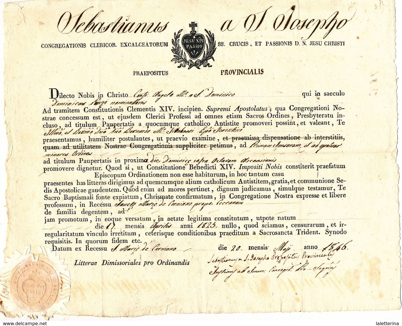 1846 CECCANO SPLENDIDO DOCUMENTO PARROCCHIALE S MARIA DI CORNIANO - Unclassified