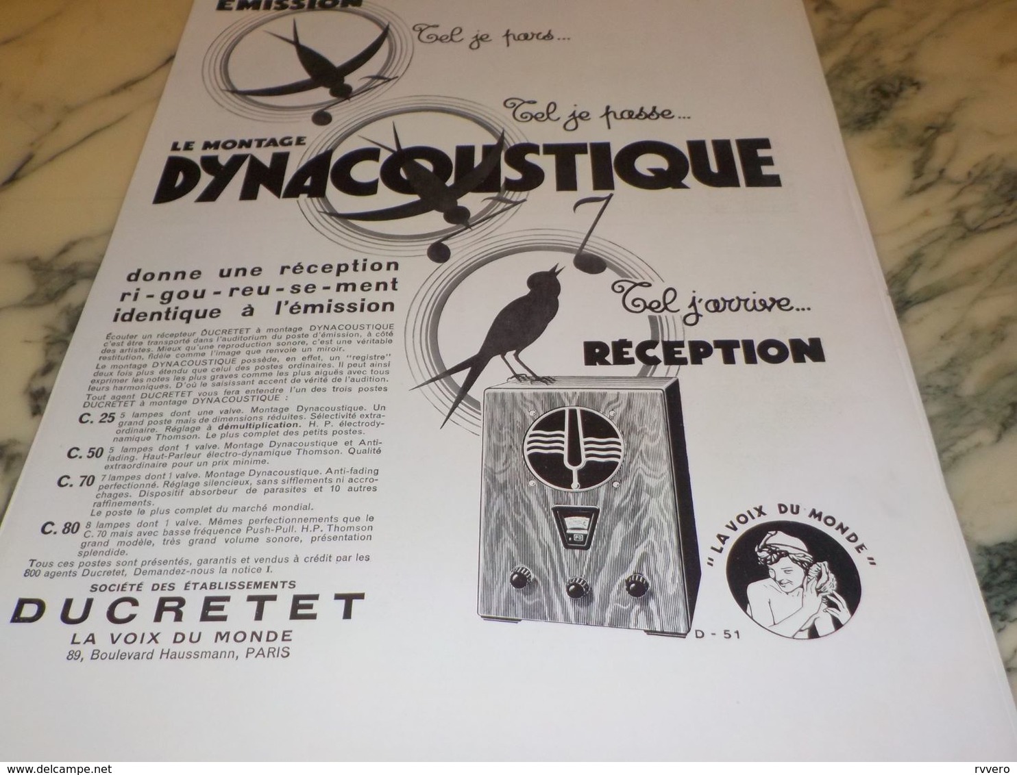 ANCIENNE PUBLICITE RIGOUREUSEMENT IDENTIQUE  TSF DUCRETET 1933 - Autres & Non Classés