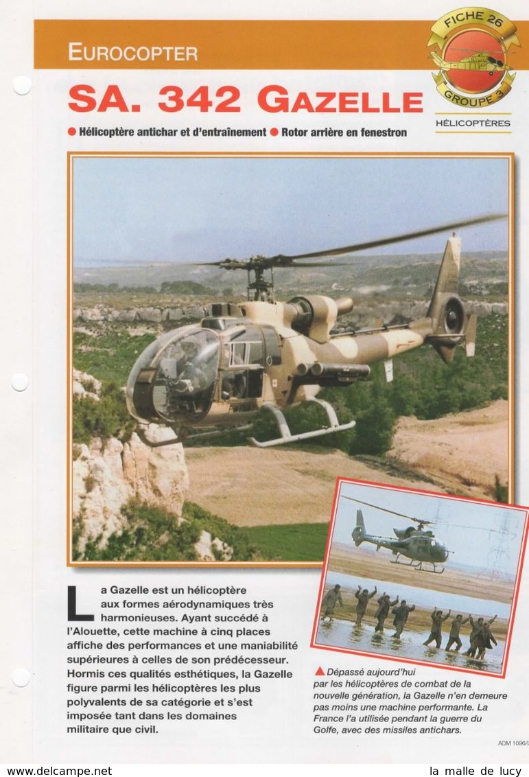 Fiche Collection Avions Du Monde - Eurocopter SA 342 Gazelle (n°26) - Helicópteros