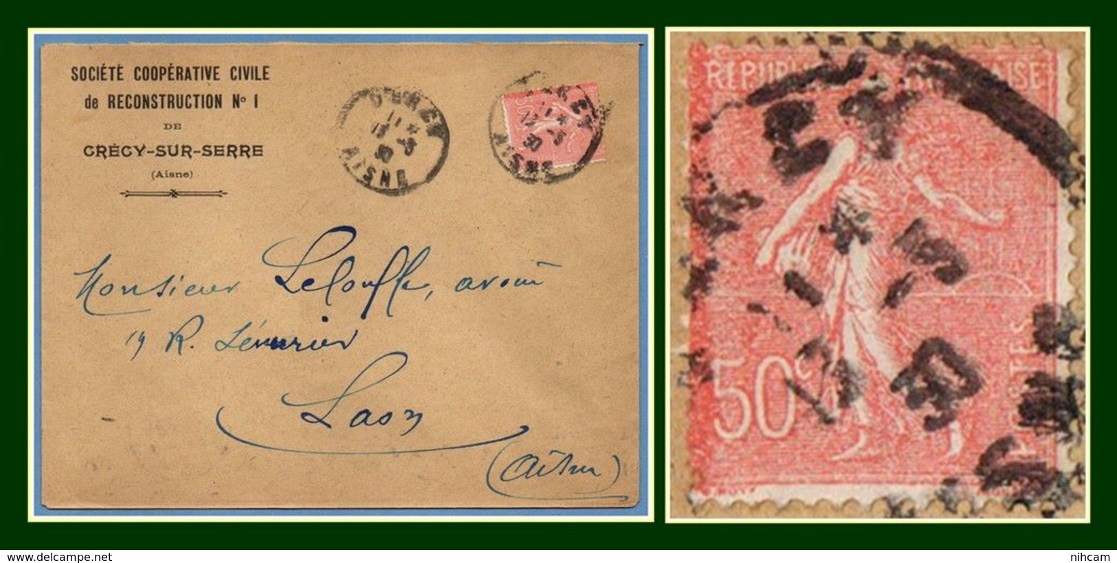 Dercy (Aisne 02 ) Type A 4 1930 /N° 199 Semeuse Variété (verso OMEC Laon) - Lettres & Documents