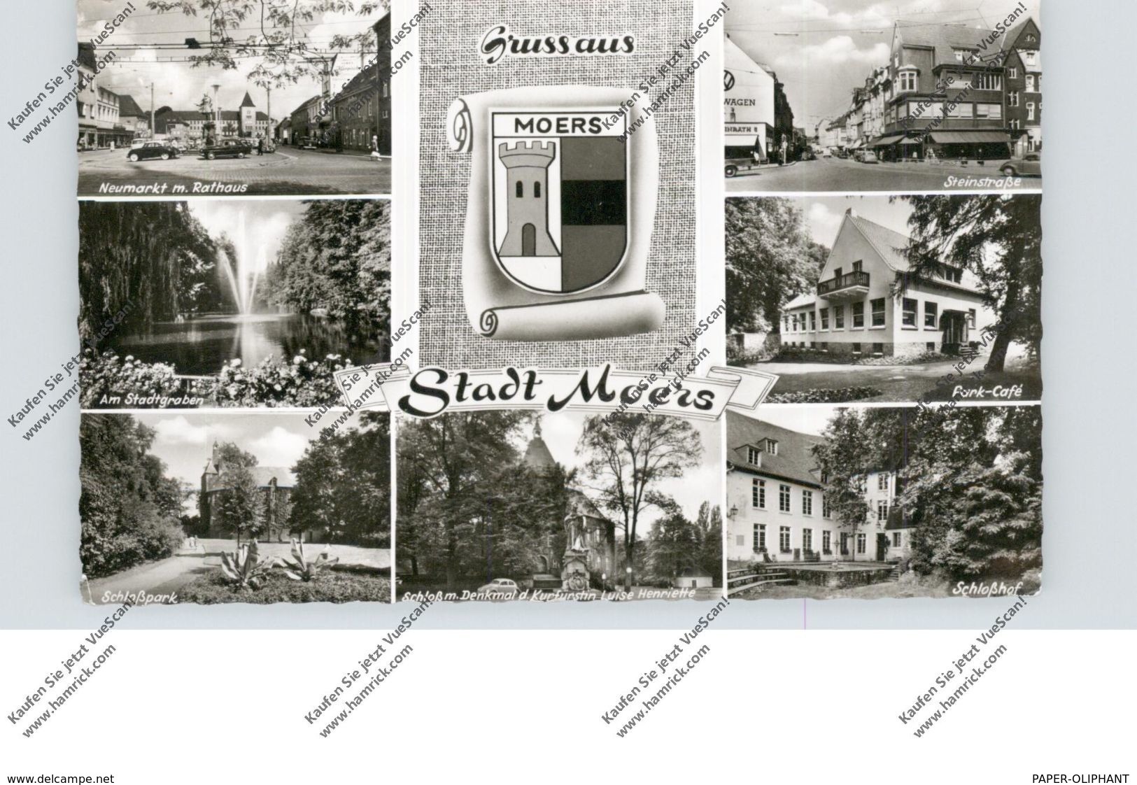 4130 MOERS, Park-Cafe, Steinstrasse, Schloßhof, Denkmal, Neumarkt, Stadtwappen..1965 - Moers
