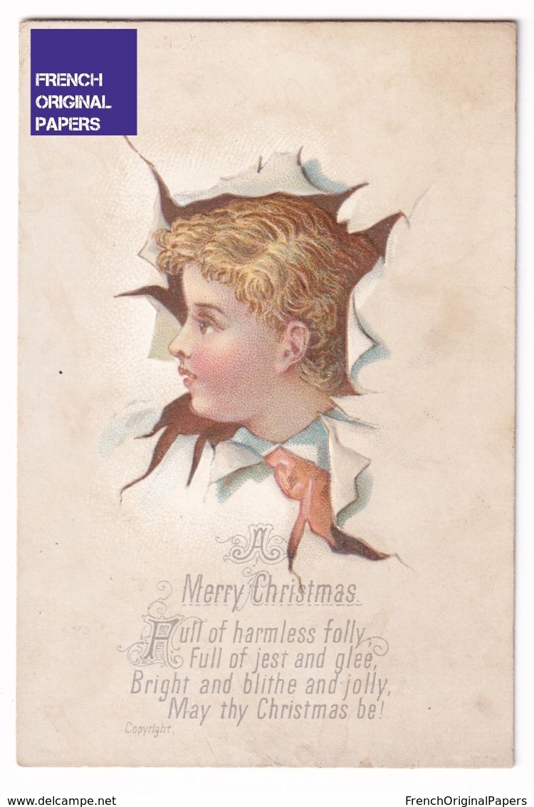 Merry Christmas Greeting Victorian Era Petite Card 1880 Child Optical Illusion Trompe L'oeil Système Chromo Noël A36-56 - Other & Unclassified