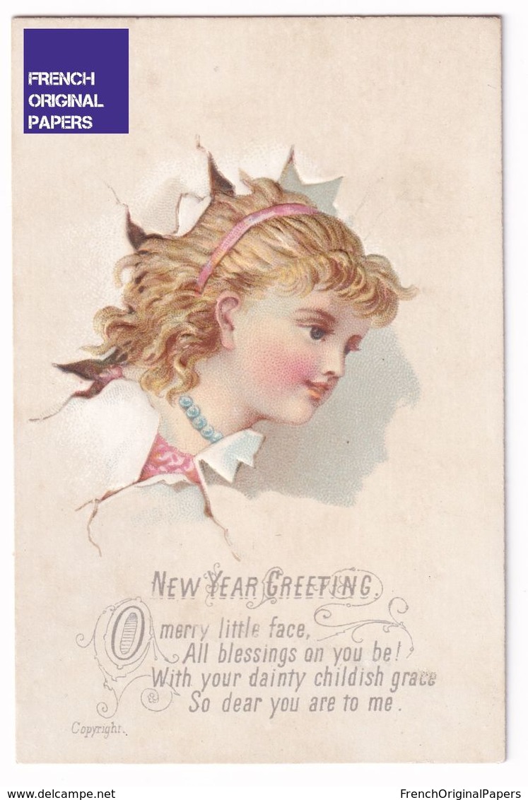 New Year Greeting Victorian Era Embossed Petite Card 1880 Optical Illusion Trompe L'oeil Fille Système Chromo A36-66 - Other & Unclassified