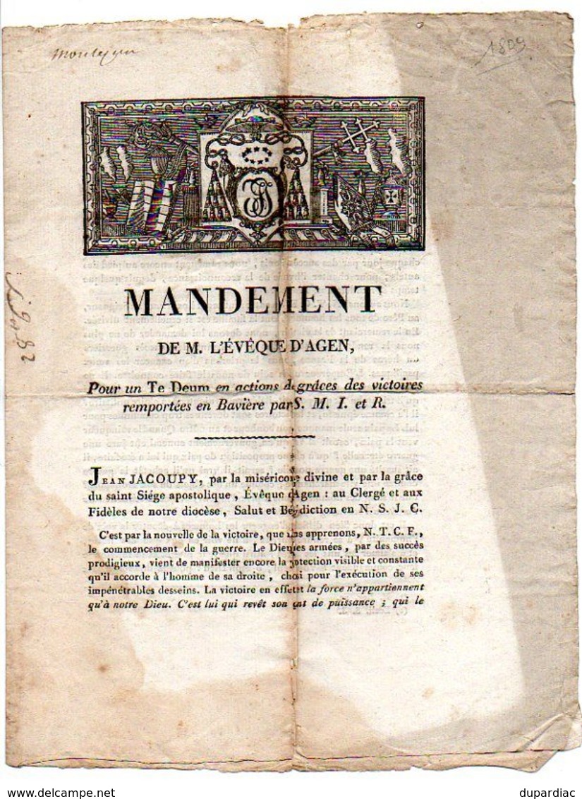 MANDEMENT De M. L' EVEQUE D' AGEN, Pour Un Te Deum ... Victoires Remportées En Bavière Et Lettre De L'Empereur NAPOLEON. - Documentos Históricos