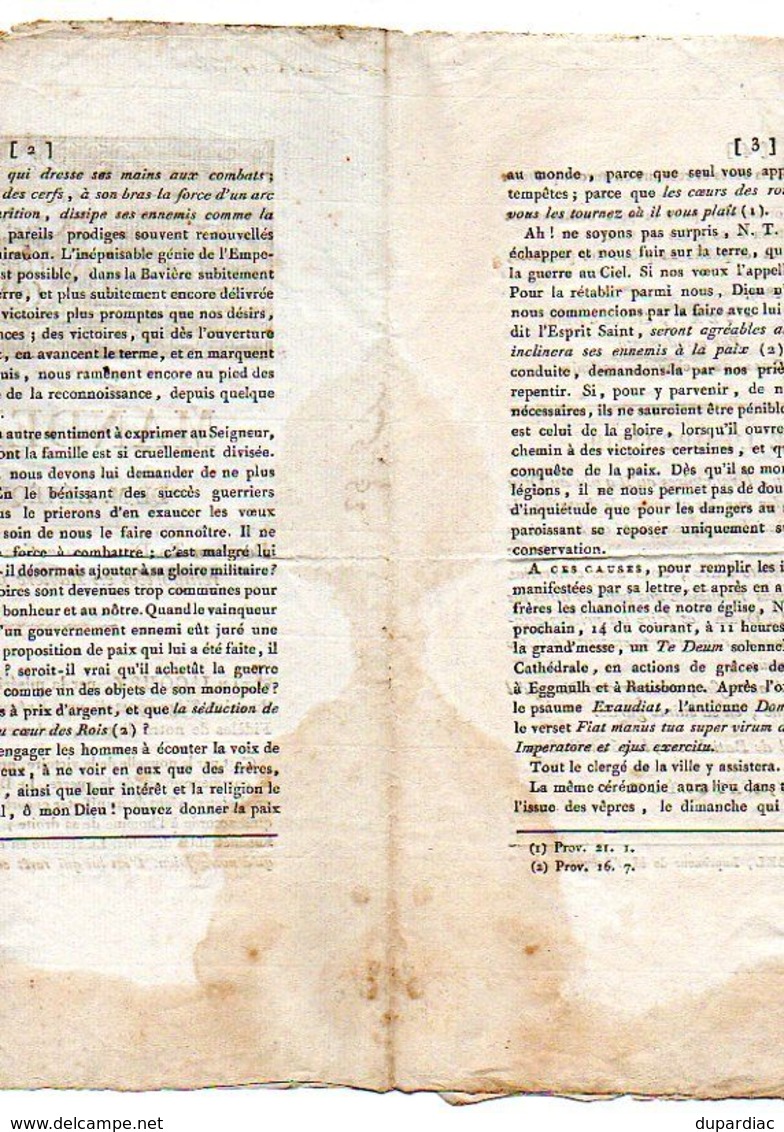 MANDEMENT De M. L' EVEQUE D' AGEN, Pour Un Te Deum ... Victoires Remportées En Bavière Et Lettre De L'Empereur NAPOLEON. - Documentos Históricos