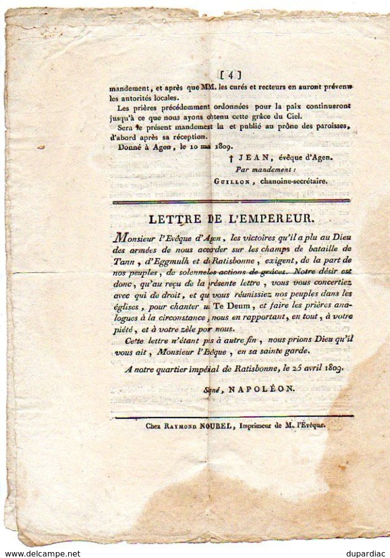 MANDEMENT De M. L' EVEQUE D' AGEN, Pour Un Te Deum ... Victoires Remportées En Bavière Et Lettre De L'Empereur NAPOLEON. - Documentos Históricos