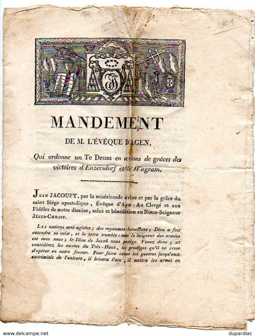 MANDEMENT De M. L' EVEQUE D' AGEN, Pour Un Te Deum ... Victoires D' ENZERSDORF Et WAGRAM, Lettre De L'Empereur NAPOLEON. - Documentos Históricos