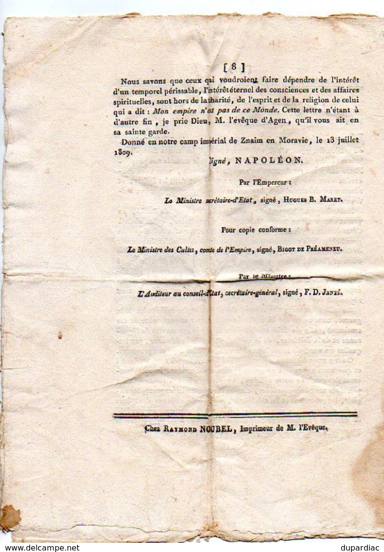 MANDEMENT De M. L' EVEQUE D' AGEN, Pour Un Te Deum ... Victoires D' ENZERSDORF Et WAGRAM, Lettre De L'Empereur NAPOLEON. - Documentos Históricos