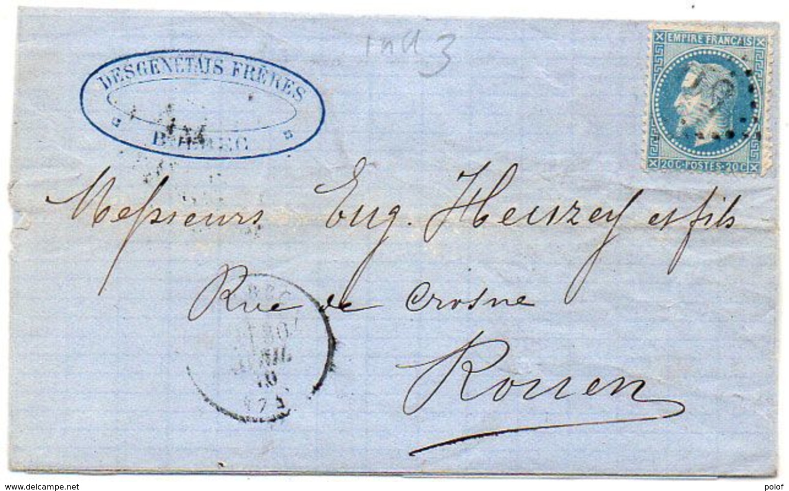 Lettre (LAC) Adressée De BOLBEC (GC 516) A ROUEN - Yvert 29 B   (119578) - 1849-1876: Période Classique