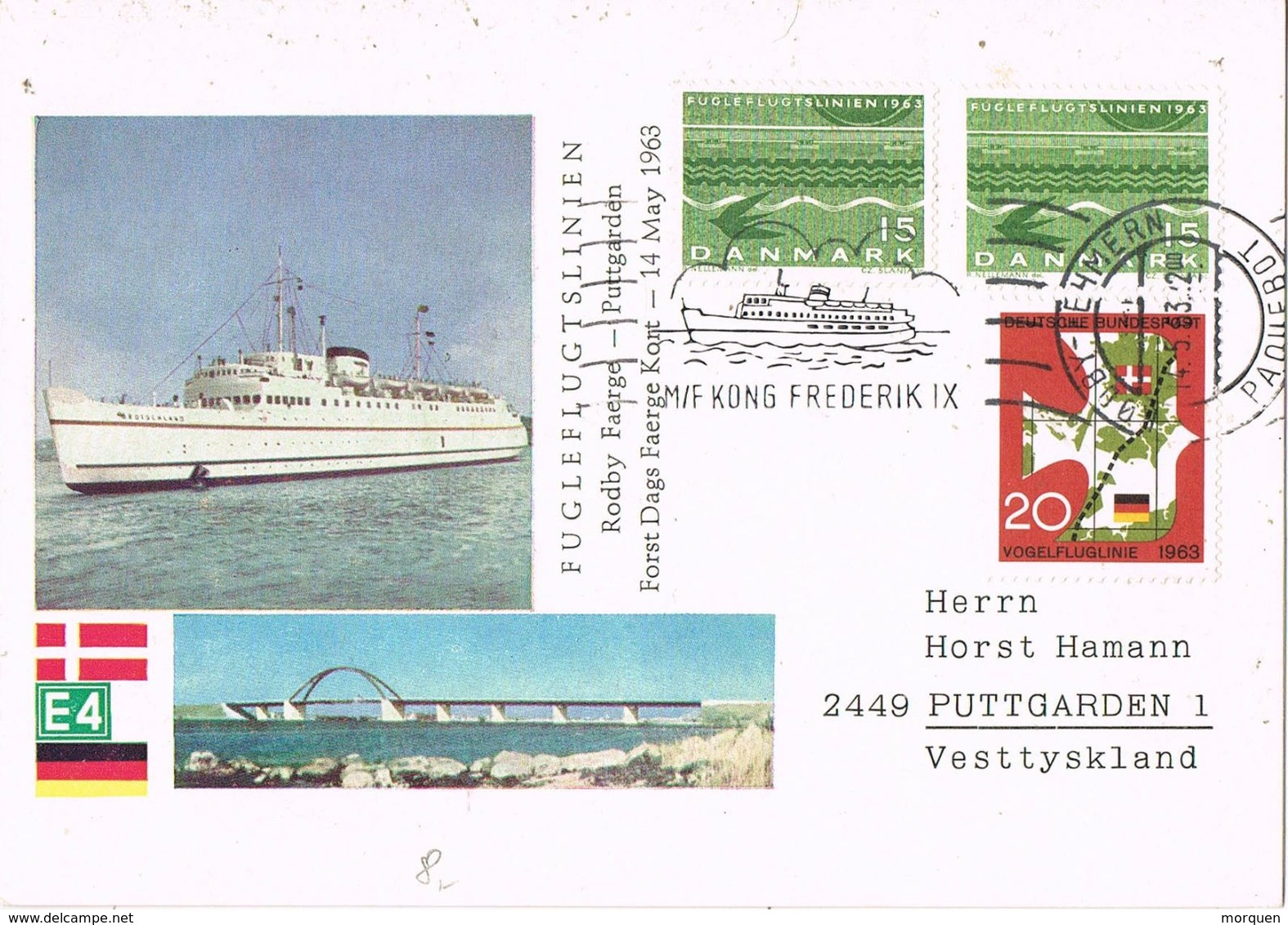 36903. Tarjeta PAQUEBOT Rodby Fehmern (Danmark) To Puttgarden 1973. M/F Kong Frederik IX - Storia Postale