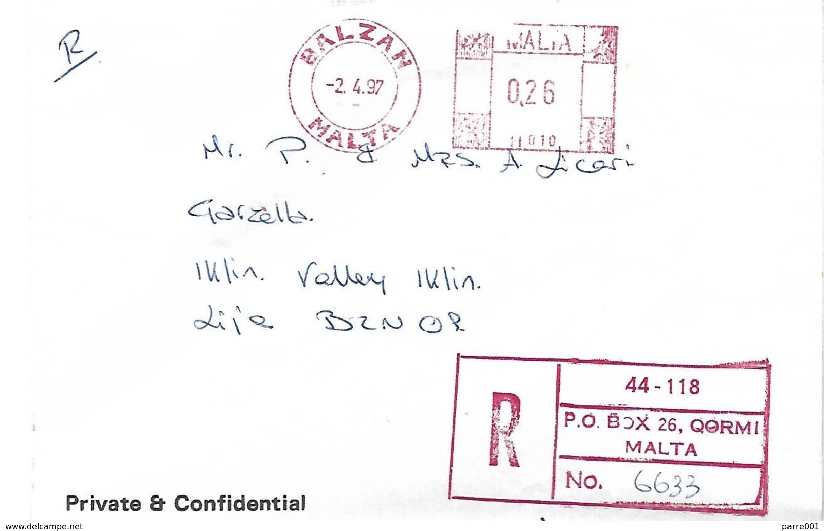 Malta 1997 Balzan Meter Hasler “Mailmaster” H010 Registered Cover - Malte