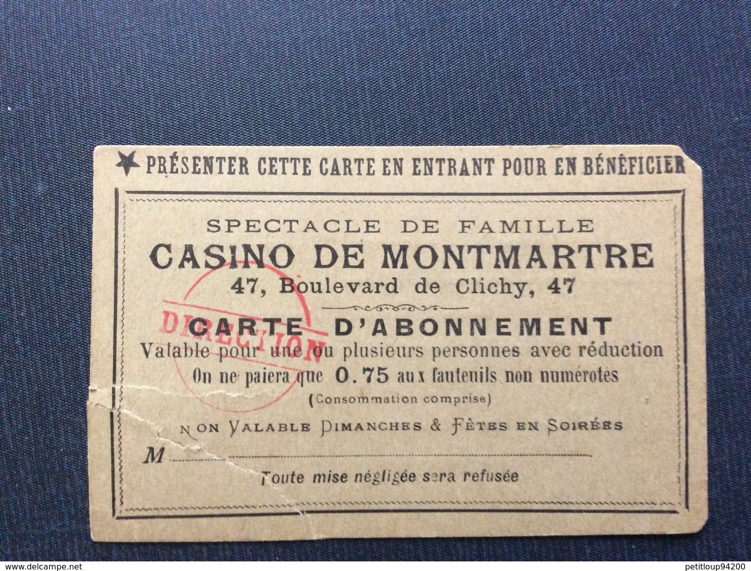 CASINO DE MONTMARTRE  Carte D’Abonnement  ANNÉES 1900 - Tickets D'entrée