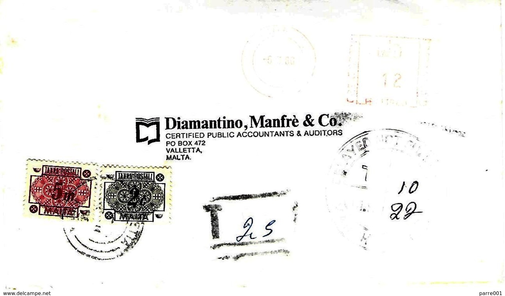 Malta 1986 Valletta Handstamp Manchester Postage Due 5m 2c Underfranked Cover - Malte