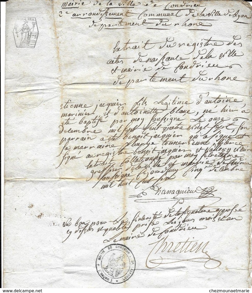 CONDRIEU EXTRAIT D ACTE DE NAISSANCE DE 1806 POUR ETIENNE JACQUIER NE EN 1787 FILS DE ANTOINE MARINIER ANTOINETTE BLANC - Documents Historiques