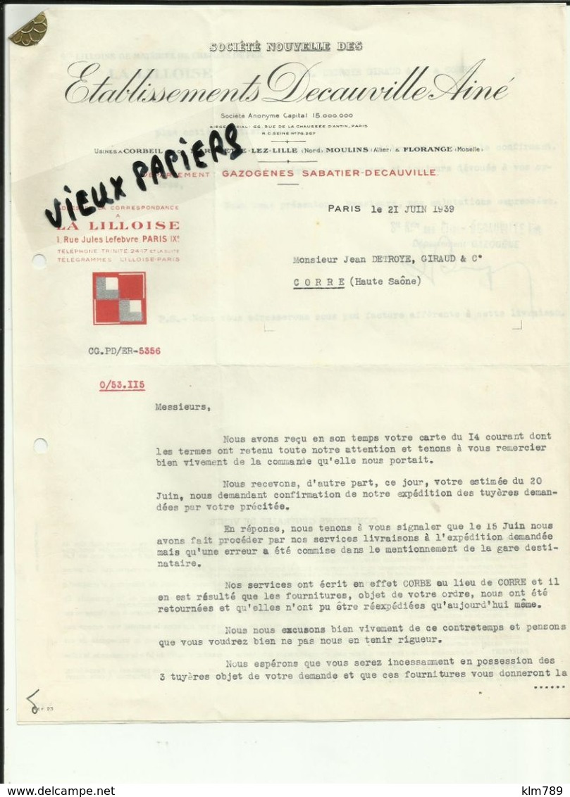 91 - Essonne - Corbeil - Facture Decauville Ainé - Marquette Les Lille - Ecusson à Damiers  - 1939.. - Réf 43 - - 1900 – 1949