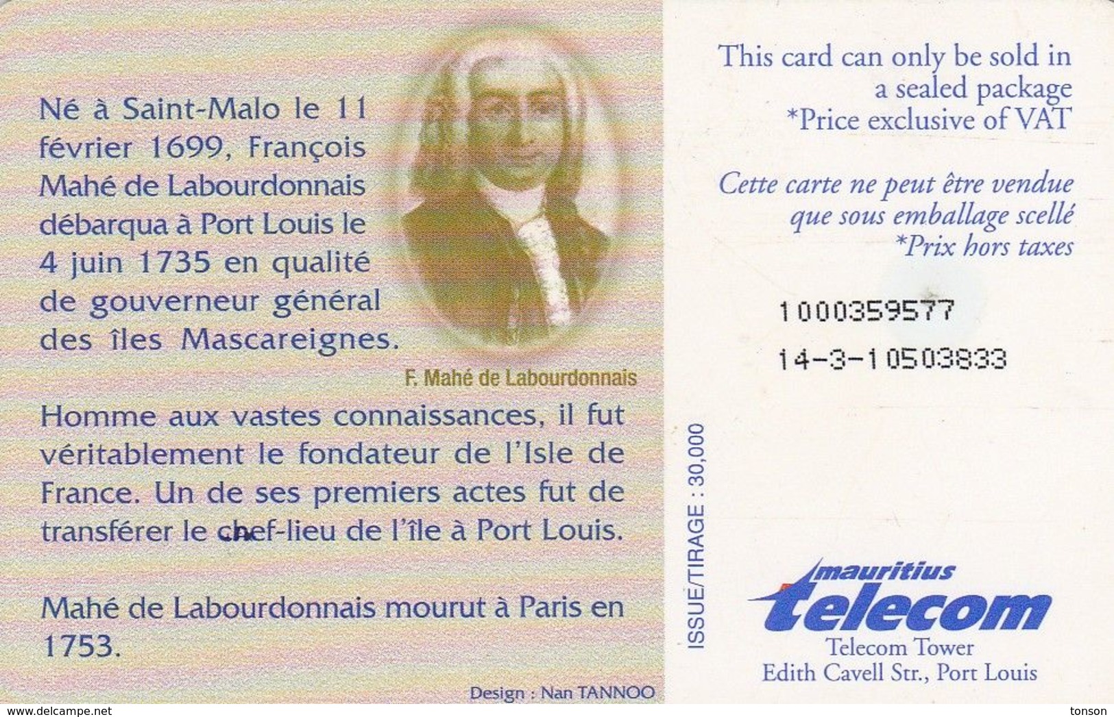 Mauritius, MU-MAU-0075, F. Mahé De Labourdonnais, 2 Scans. - Maurice