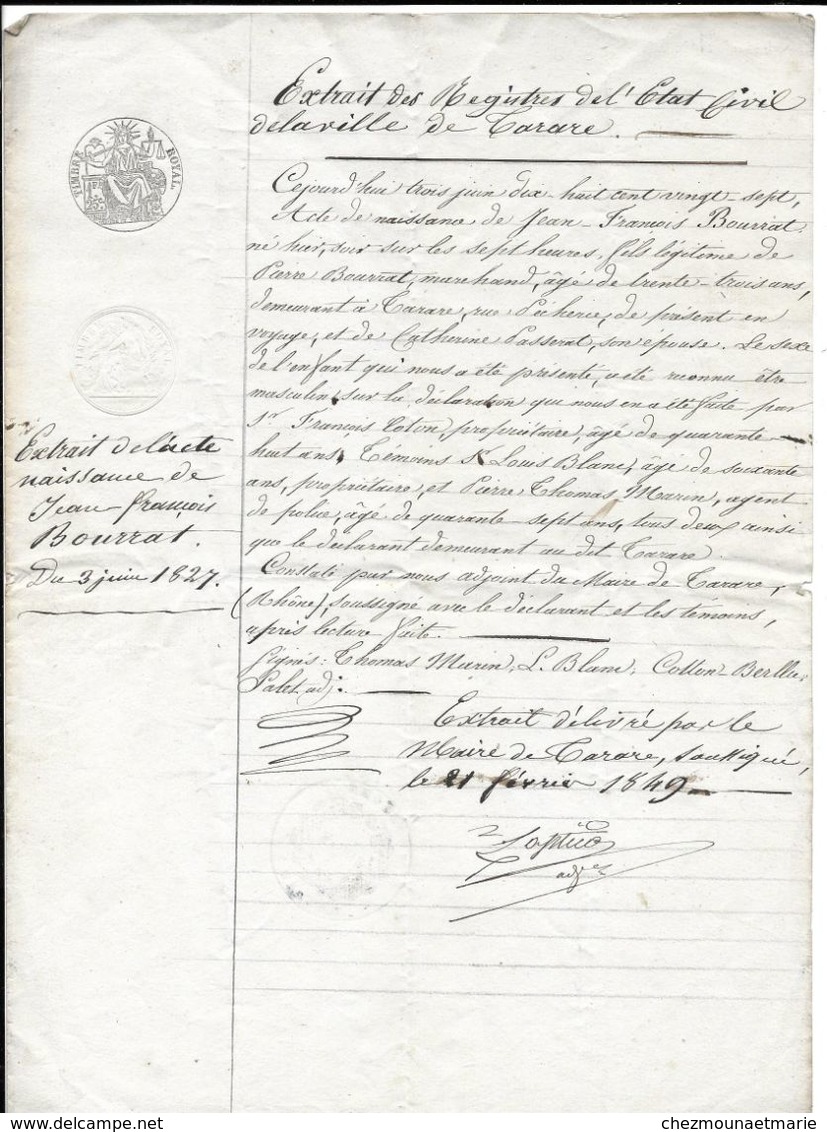 TARARE EXTRAIT D ACTE DE NAISSANCE DE 1849 POUR J F BOURRAT NE EN 1827 FILS DE PIERRE ET CATHERINE PASSERAT - Documents Historiques