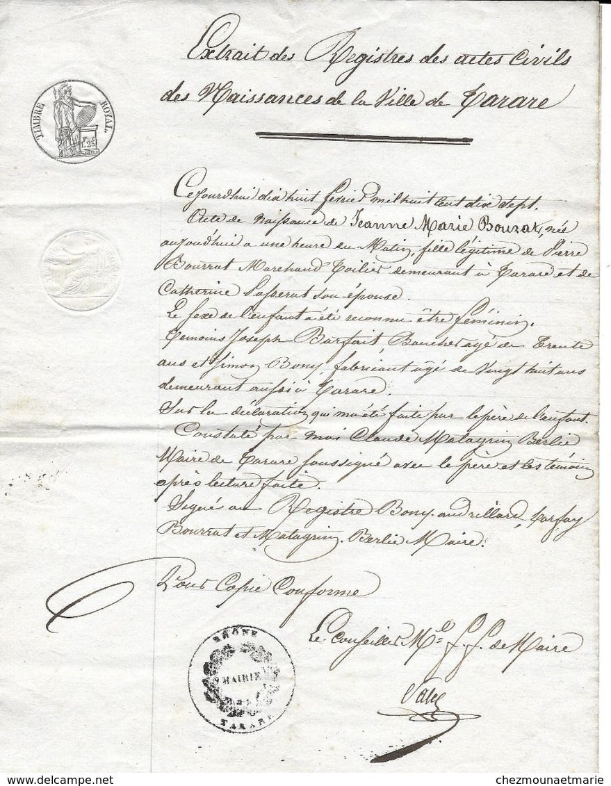 TARARE COPIE D ACTE DE NAISSANCE POUR J M BOURRAT NE EN 1817 FILLE DE PIERRE TOILIER ET CATHERINE PASSERAT - Documents Historiques