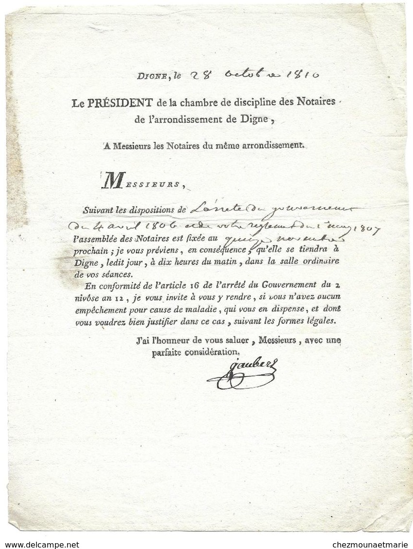 DIGNE 1810 PRESIDENT CHAMBRE DISCIPLINE DES NOTAIRES JAUBERT - AVERTISSEMENT D UNE ASSEMBLEE - Documents Historiques