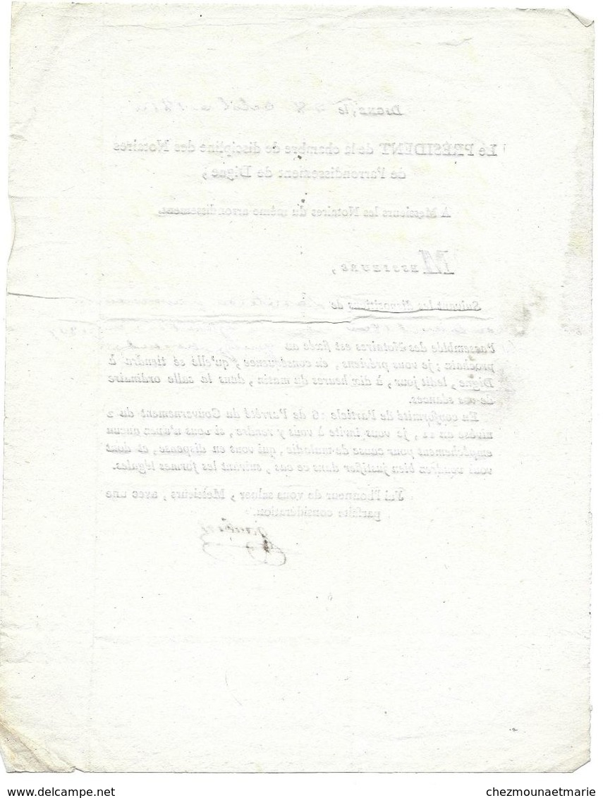 DIGNE 1810 PRESIDENT CHAMBRE DISCIPLINE DES NOTAIRES JAUBERT - AVERTISSEMENT D UNE ASSEMBLEE - Documents Historiques