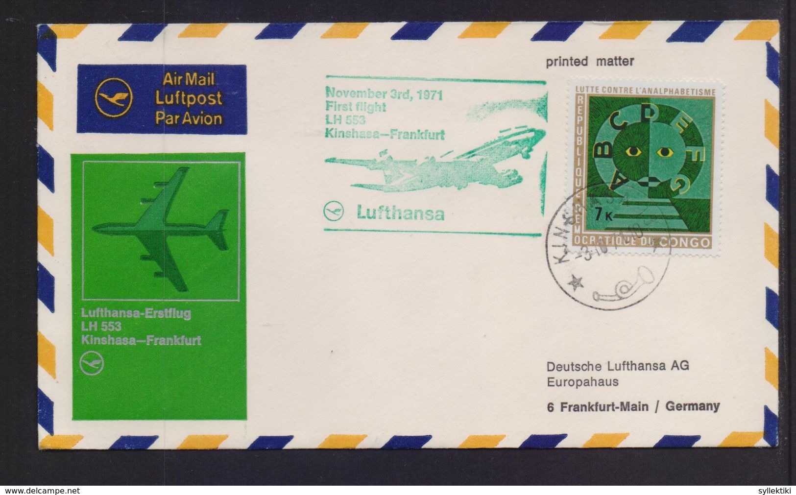 CONGO 3/11/1971 FIRST FLIGHT LUFTHANSA KINSASA-FRANKFURT POSTMARK ON COVER - Sonstige & Ohne Zuordnung