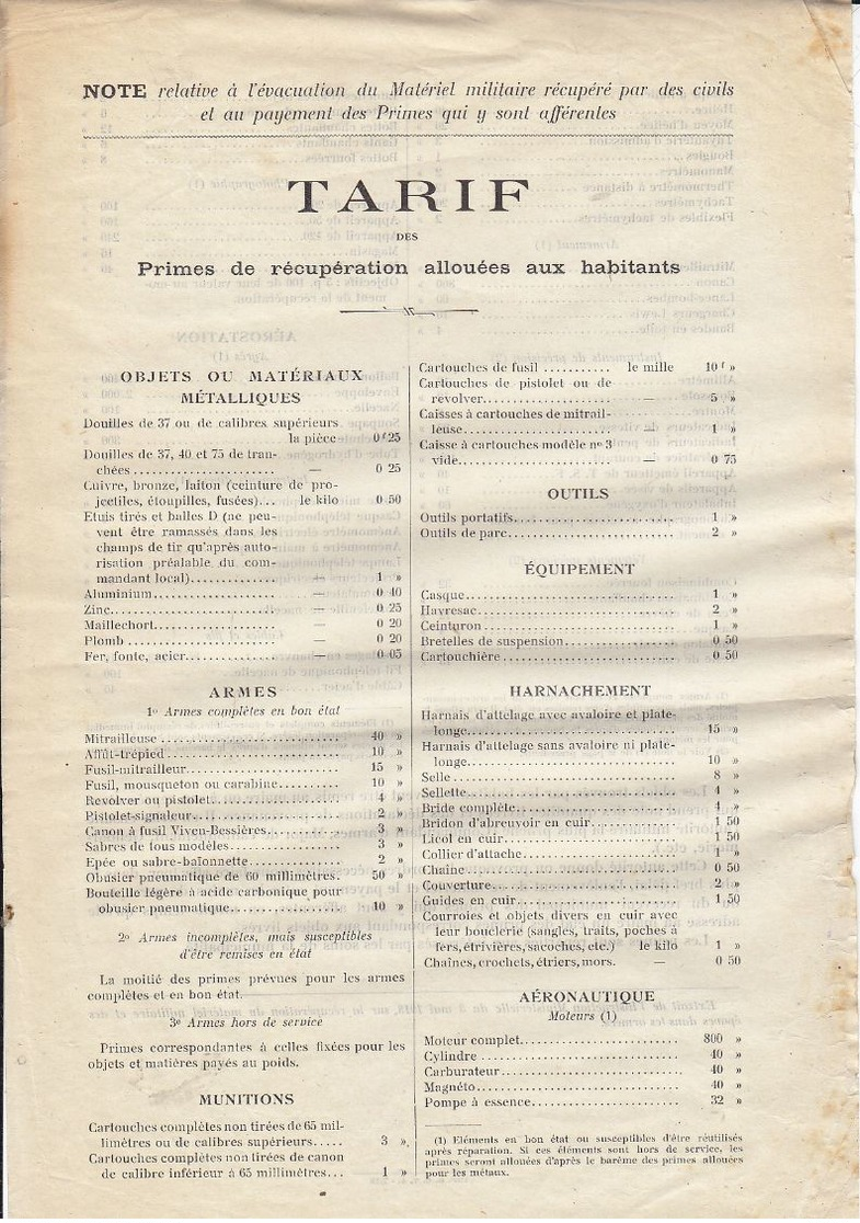 Récupération Du Matériel Militaire ,tarif Des Primes Allouées , 1918 , 2 Scans - Dokumente