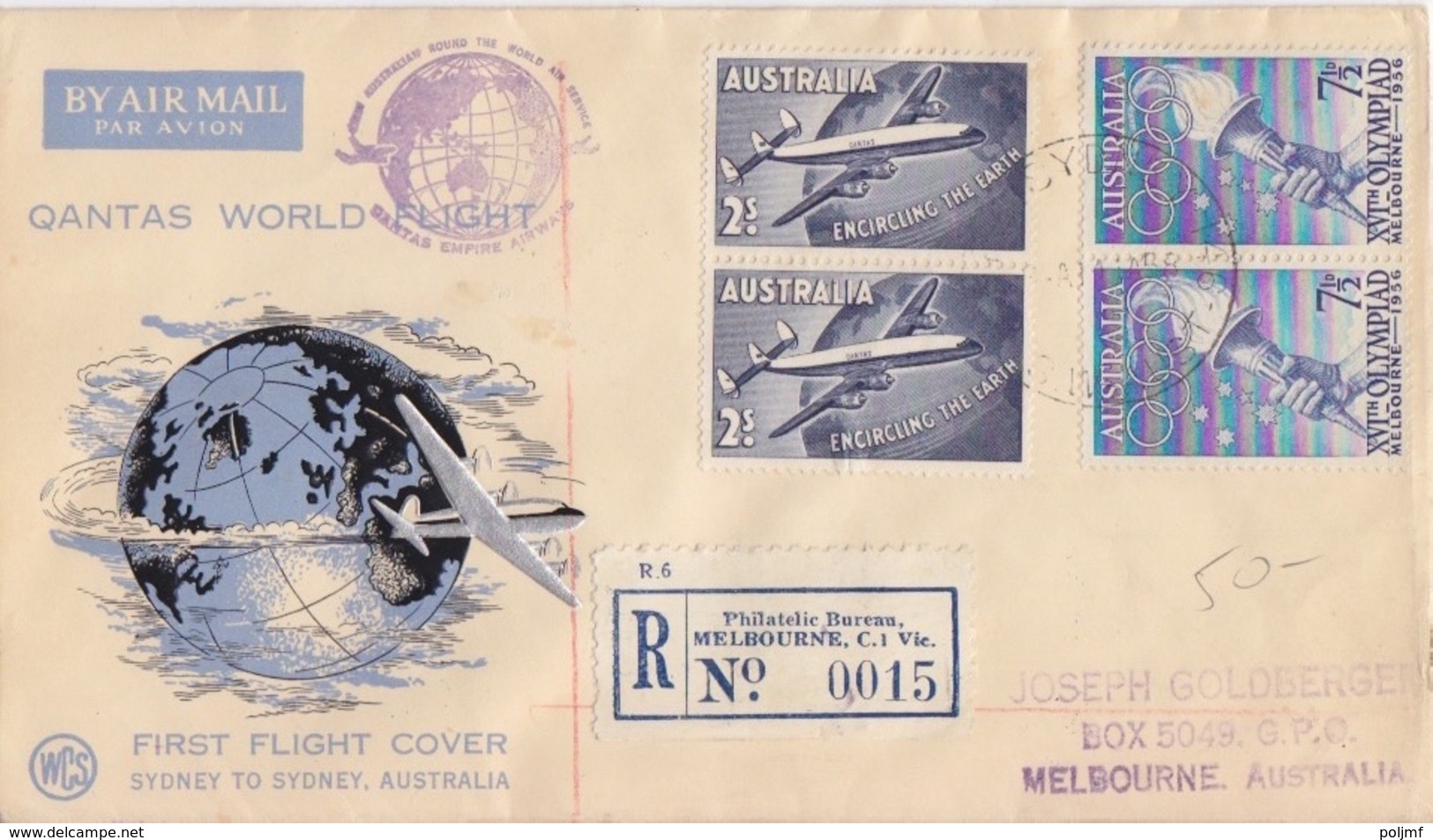 1° Vol Circum-terrestre Sydney-Sydney Le 20 JAN 58 Obl. Sydney Le 14/1/58 Sur 232, PA 10 + Rec Melbourne 0015 - First Flight Covers