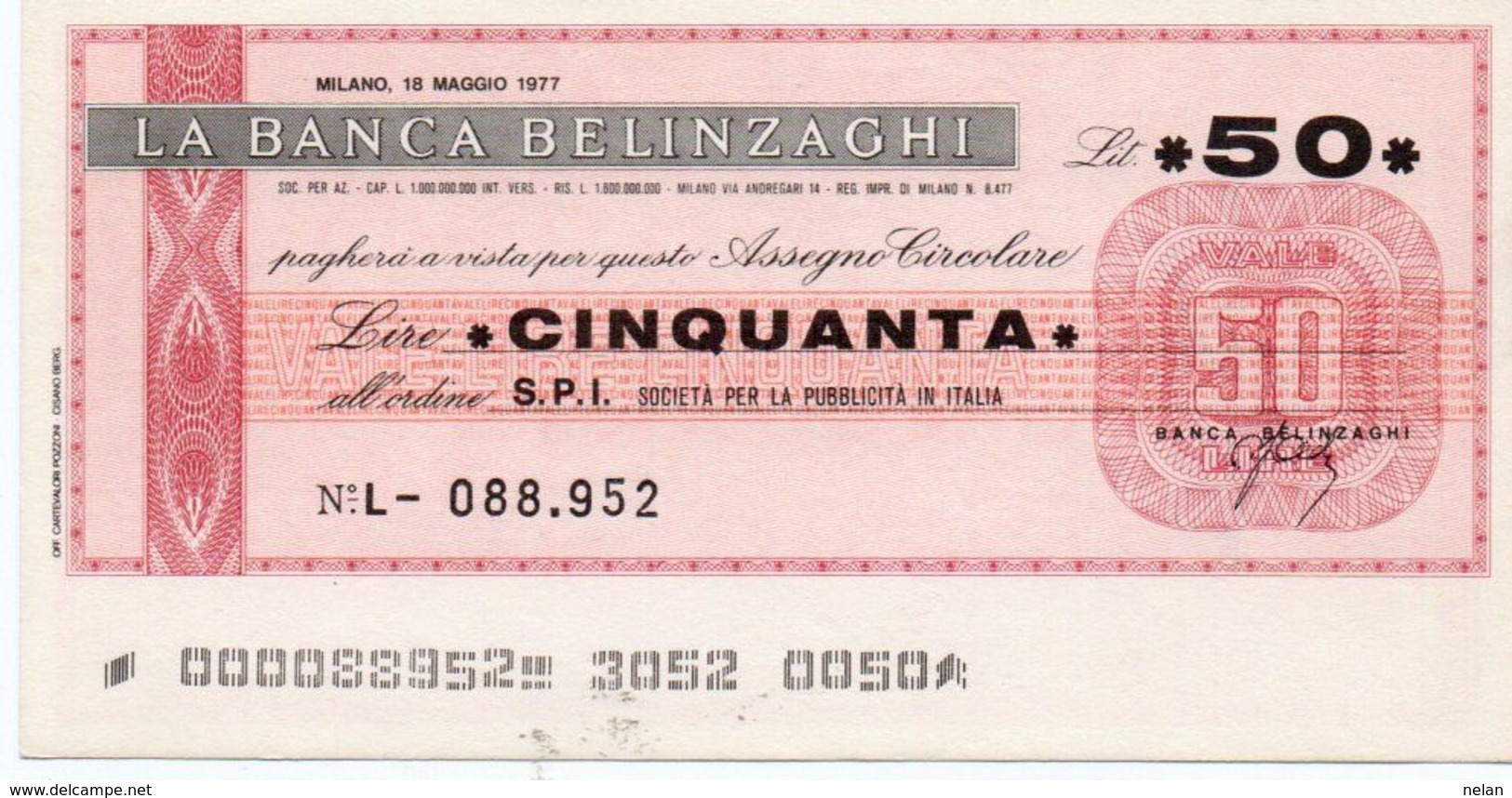 MINI ASSEGNO - LA BANCA BELINZAGHI 50  LIRE 1977 UNC - [10] Checks And Mini-checks