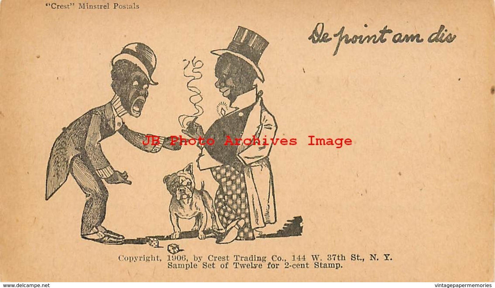 301901-Black Americana, Crest Minstrel Postals, De Point Am Dis, Man Smoking, Dog, Dice - Black Americana