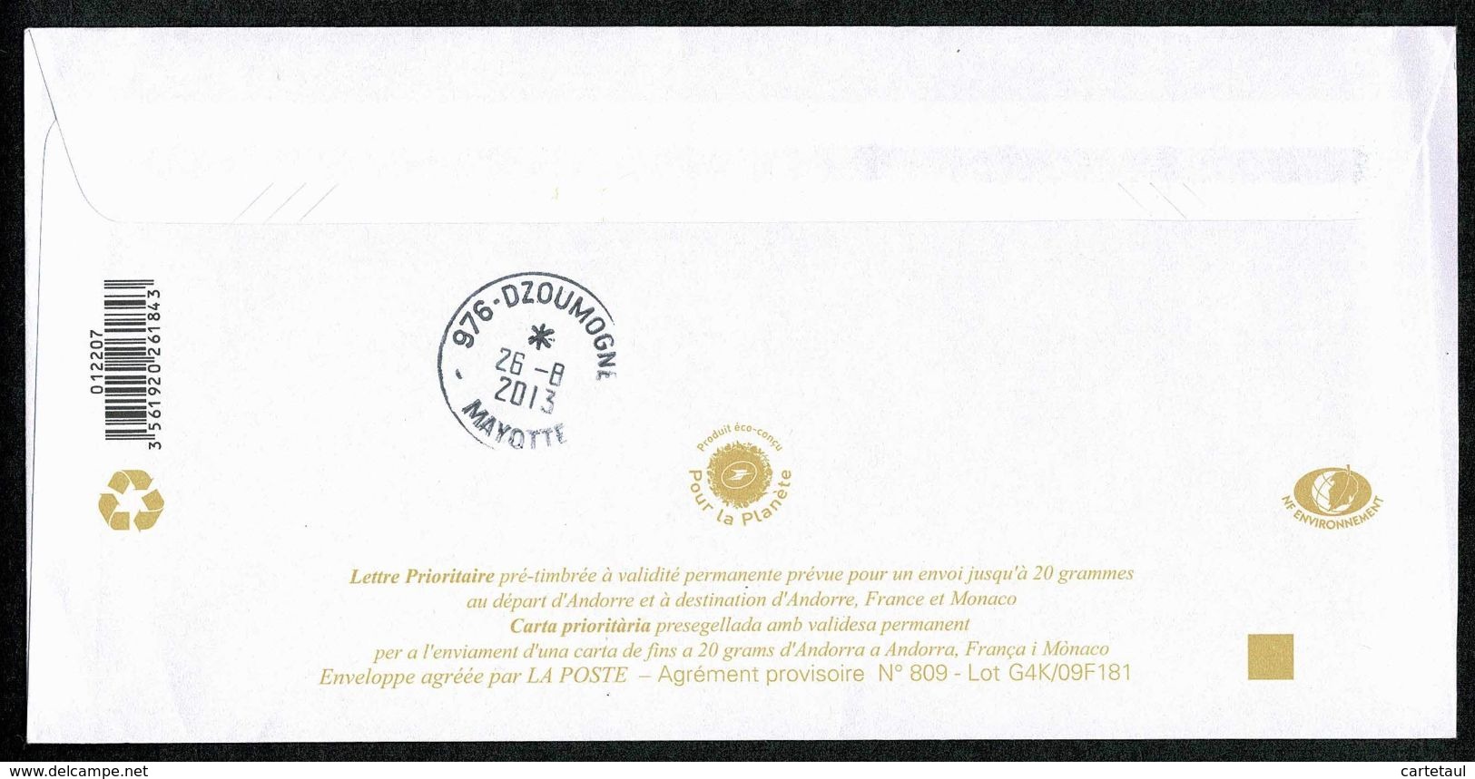 976 MAYOTTE DZOUMOGNE 29-8-2013 Poste Restante Dugongs + 0,05€ Pour Taxe Réglementaire Au Tarif S/ PAP ANDORRE + Dos !! - 1859-1959 Briefe & Dokumente