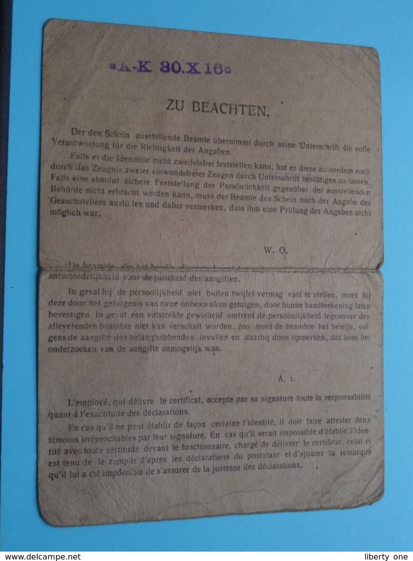 PERSONAL AUSWEIS N° 33 / Cantiniaux Hector > Sars-La-Bruyère > 23 Aout 18?9 ( Voir / Zie Scans ) ! - Documents