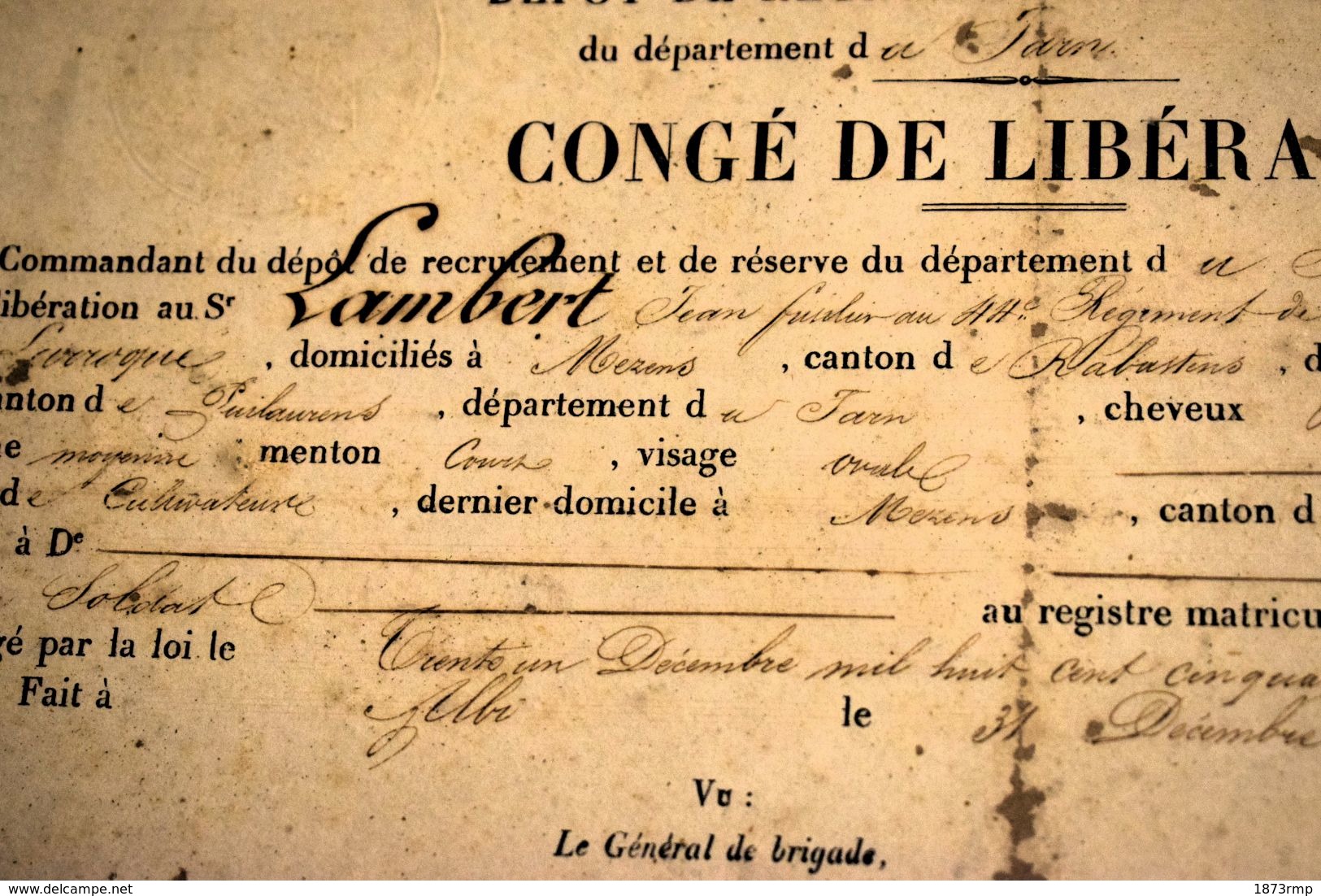 1850 CONGÉ DE LIBÉRATION, SOLDAT DU TARN, RABASTENS - Documentos