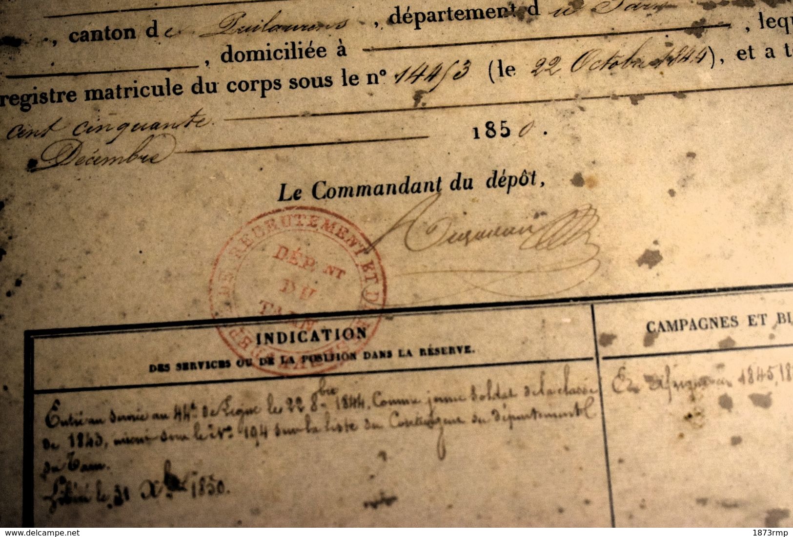 1850 CONGÉ DE LIBÉRATION, SOLDAT DU TARN, RABASTENS - Documenti