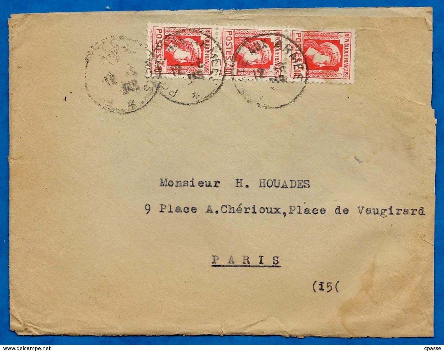 En L'état Lettre Avec Marianne D'ALGER YT 641 Bande De 3 Oblitérée Avec Cad Cachet "POSTE Aux ARMEES" - 1944 Hahn Und Marianne D'Alger