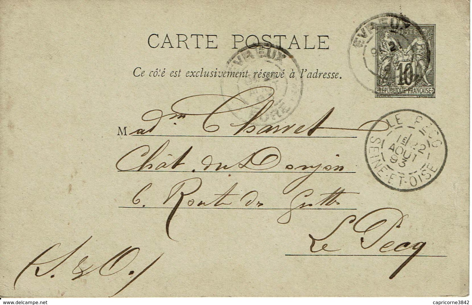 1893 - Carte Entier Postal Tp Sage 10ct Noir Sur Vert Clair - Sans Date - Voorloper Kaarten