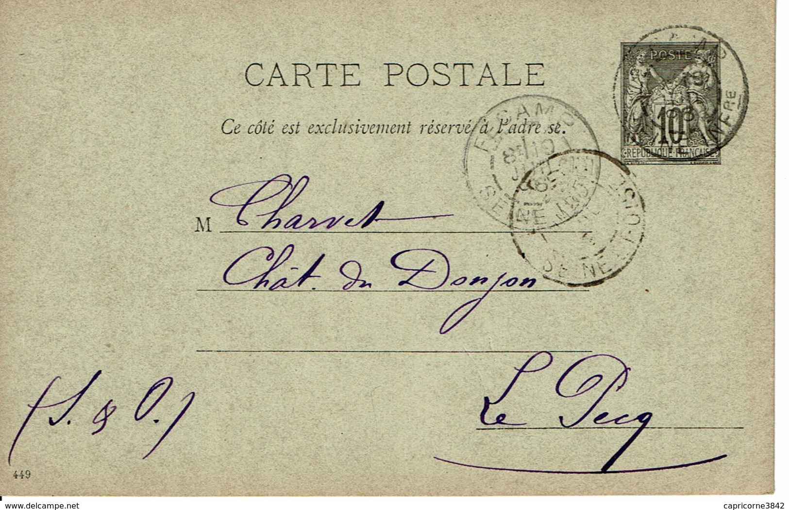 1896 - Carte Entier Postal Tp Sage 10ct Noir Sur Vert Clair - Date 449 - Precursor Cards