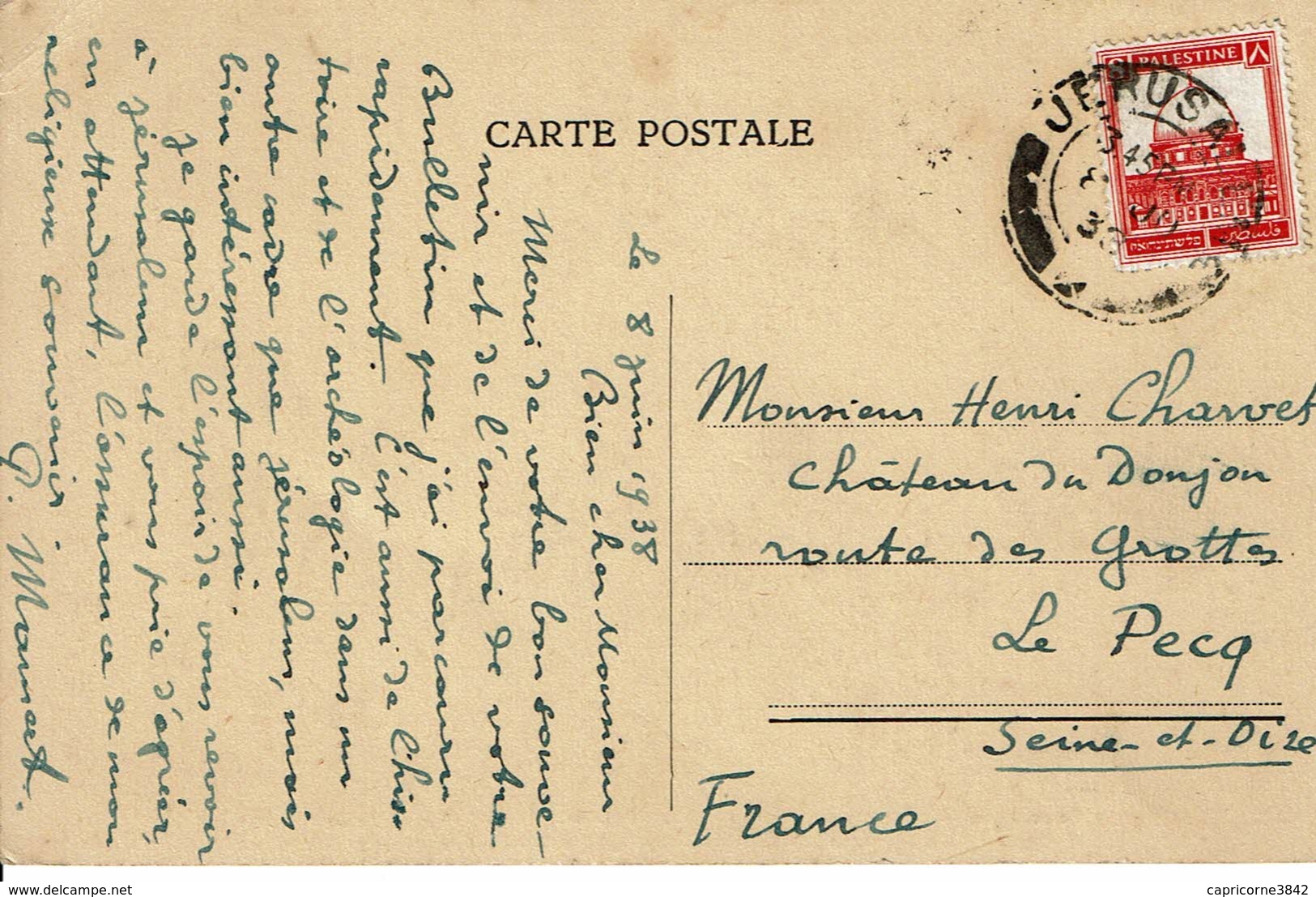 1938 - Carte Postale De Jérusalem Pour La France - Tp N° 69A Oblitération Jérusalem - Palestine