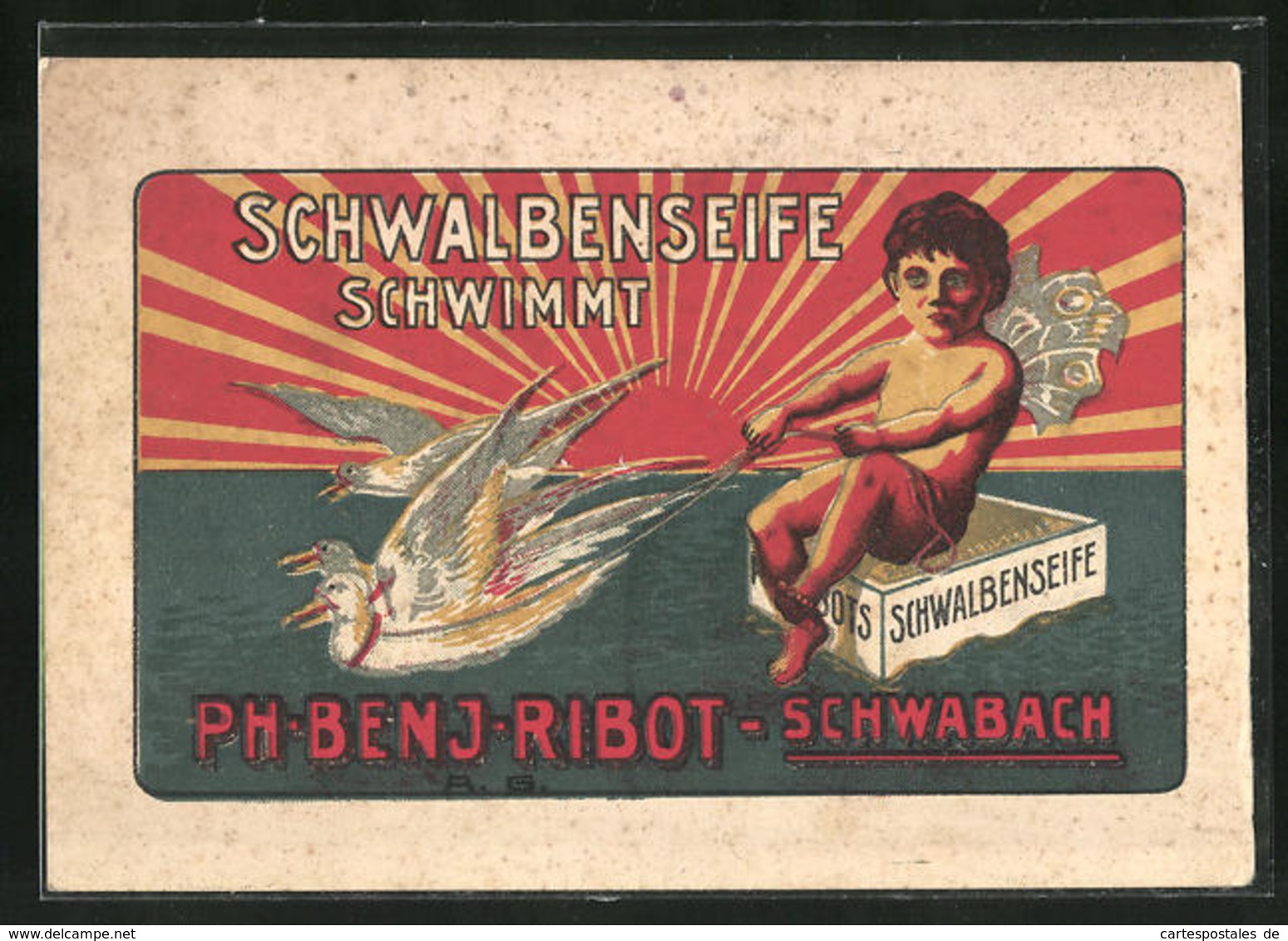 Lithographie Schwabach, Schwalbenseife Schwimmt, Reklame Für Ph. Benj. Ribot - Advertising