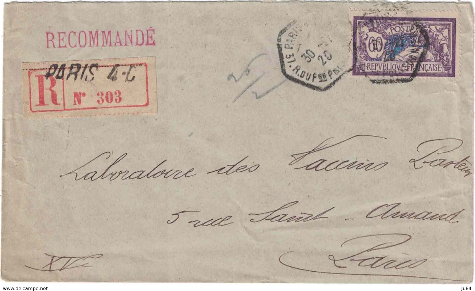 Paris - Lettre Recommandée Du 30 Novembre 1920 - Merson - Recette Auxiliaire Paris 4C - 37 Rue Du Faubourg Poissonnière - Tarifs Postaux