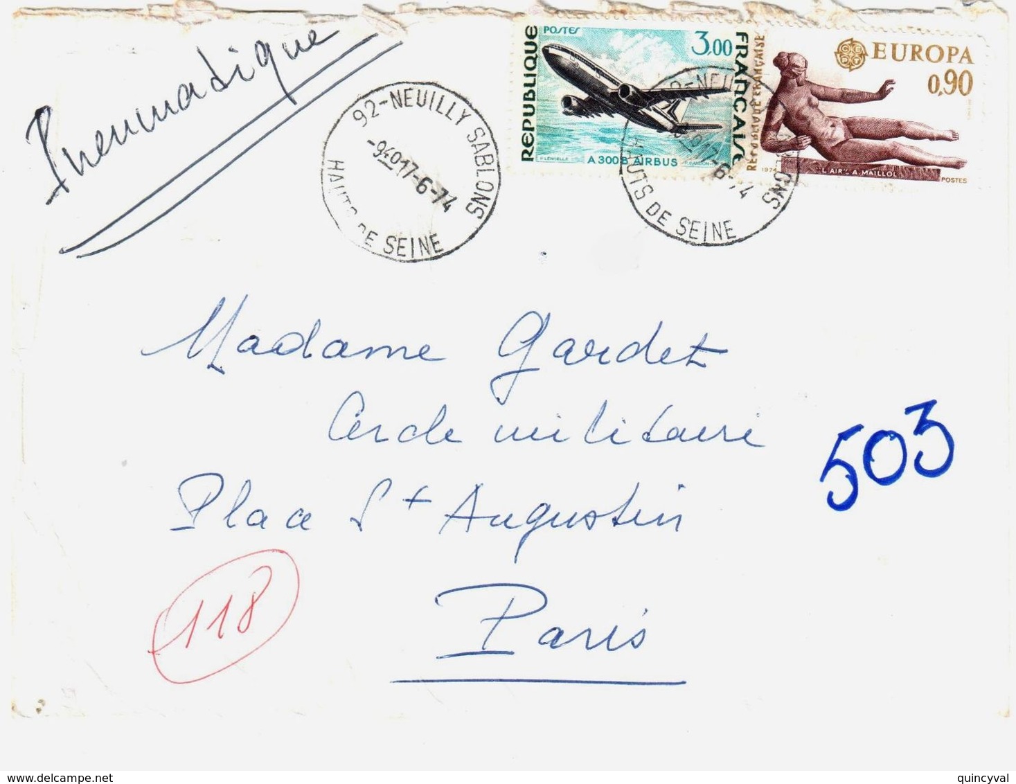 NEUILLY SABLONS Hauts De Seine Pneumatique Paris 118 Via Neuilly Ppal 3 F Airbus 90c Europa Yv 1750 1790 Ob 17 6 1974 - Lettres & Documents