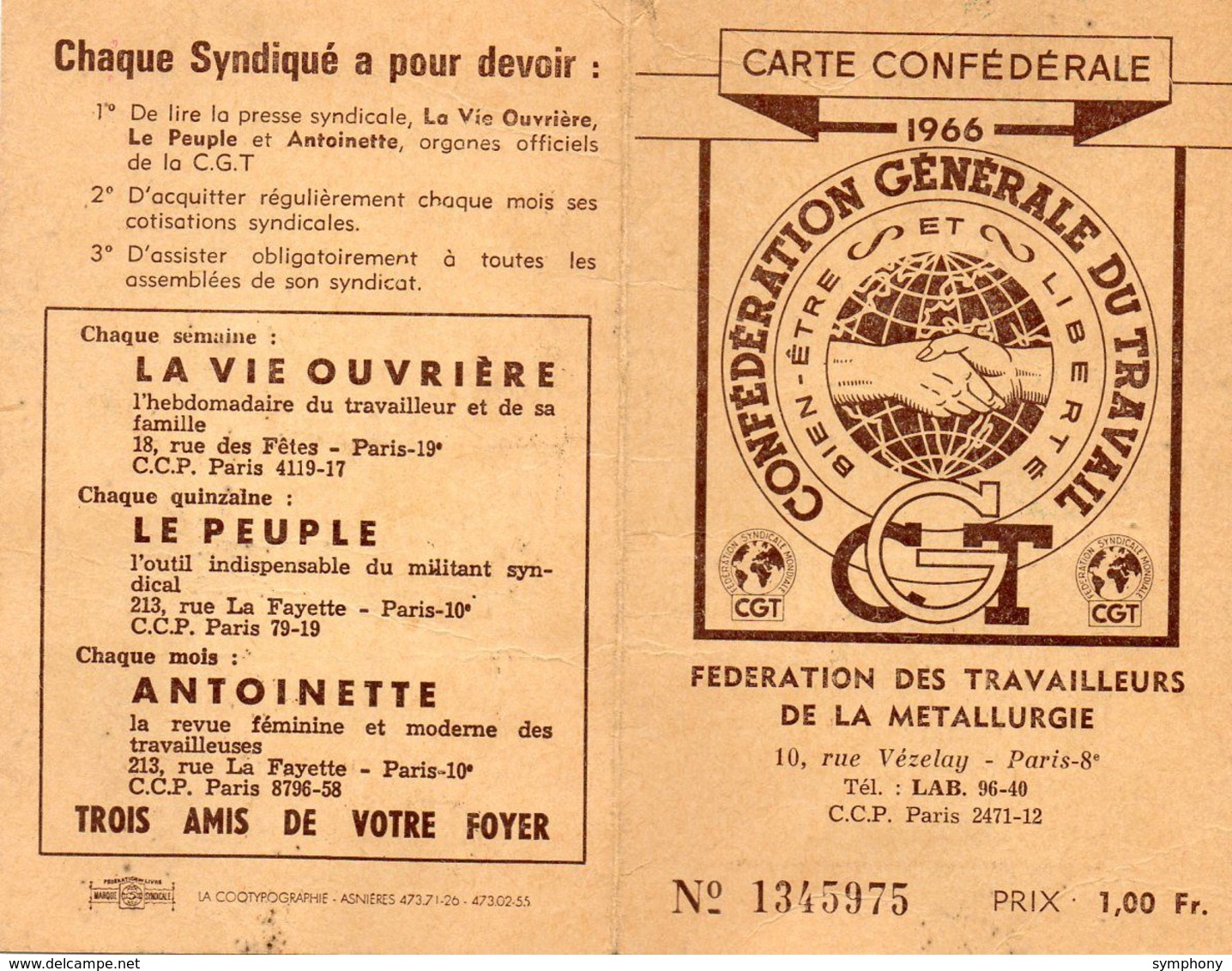 Carte Confédérale - Fédération Des Travailleurs De La Mettalurgie - 1966.- Avec Timbres Et Solidarité - 2 Scans - - Other & Unclassified