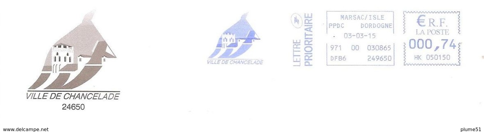 France 24 Dordogne Flamme Sur Lettre EMA 2015 Mairie CHANCELADE - 1558 - EMA (Empreintes Machines à Affranchir)