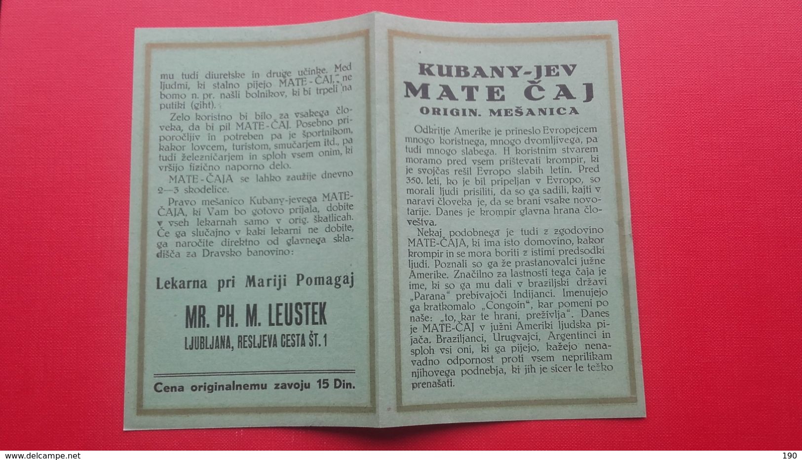 KUBANY-JEV MATE CAJ(MATE TEA).Pharmacy/Lekarna Pri Mariji Pomagaj.MR.PH.M.LEUSTEK,Ljubljana - Matasellos Generales