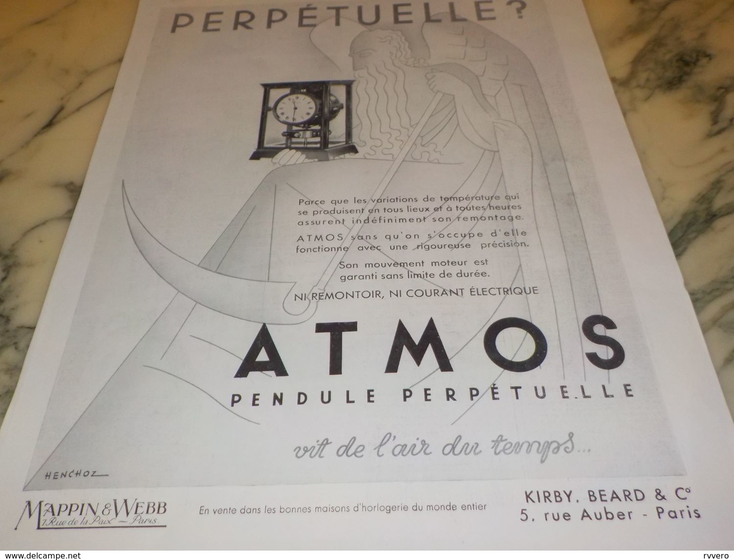 ANCIENNE PUBLICITE PENDULE PERPETUELLE ATMOS MAPPIN ET WEBB  1933 - Other & Unclassified