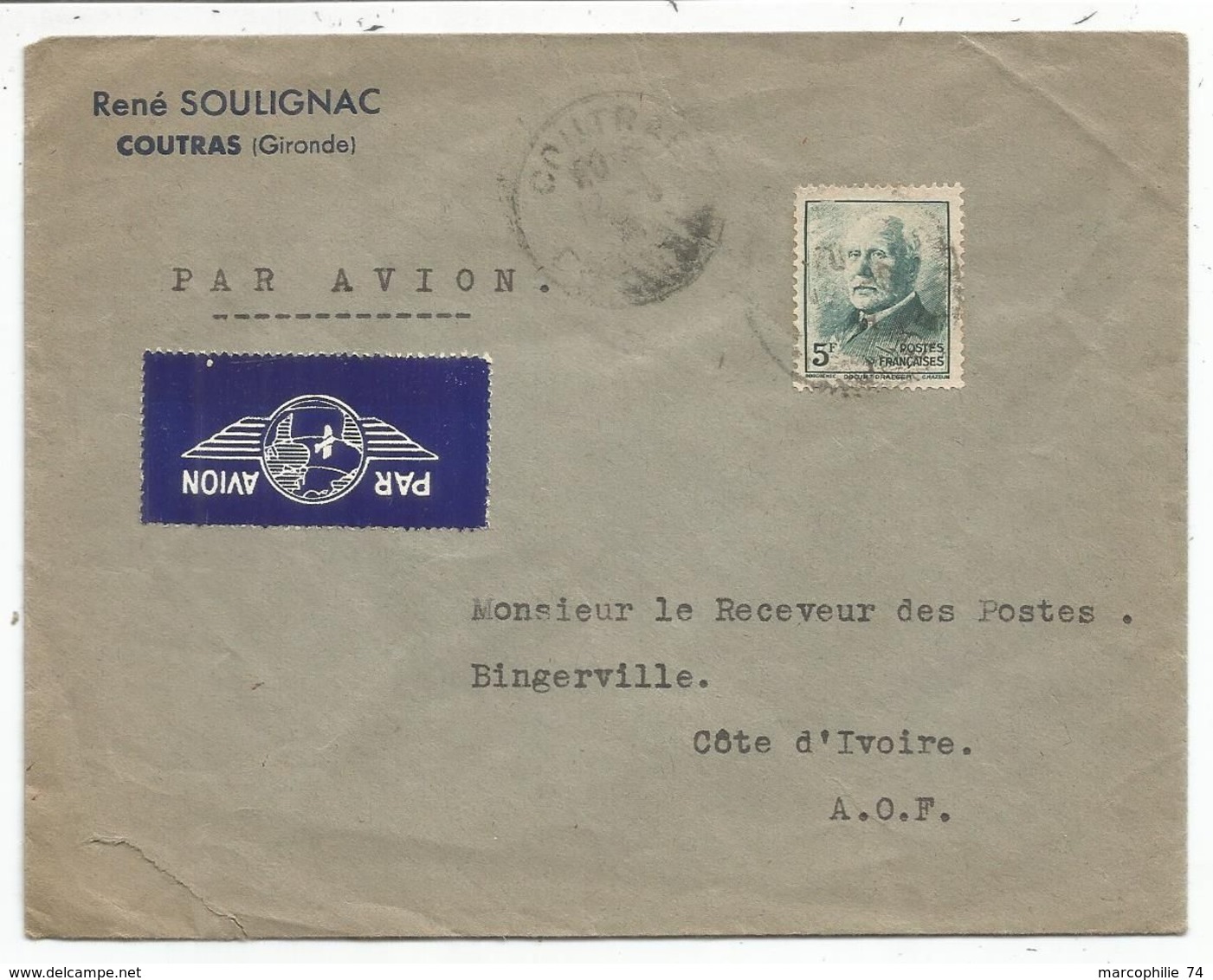 PETAIN 5FR SEUL LETTRE AVION COUTRAS 194? POUR COTE D'IVOIRE - 1941-42 Pétain