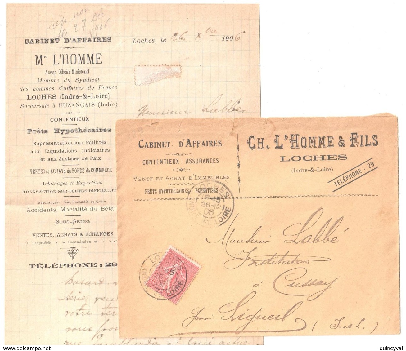 LOCHES Indre Et Loire Lettre Entête L'HOMME Contentieux Assurances Vente Hypothèque Expert 10c Semeuse Yv 129 Courrier - Cartas & Documentos